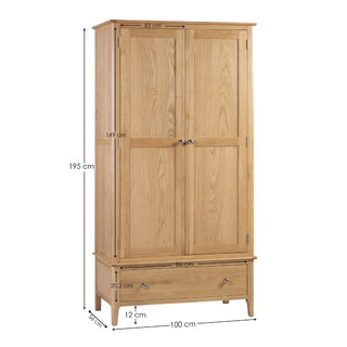 Cotswold 2 Door 1 Drawer Wardrobe - Oak Wood