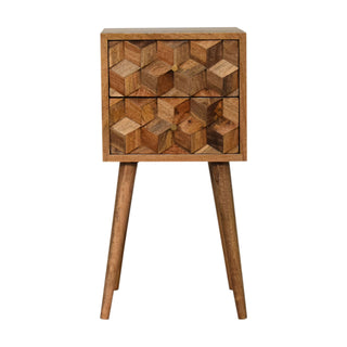 Narrow Cube Carved Bedside Table in Oak Finish