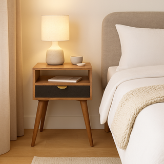 Nordic Bedside Table with Grey Tweed Drawer