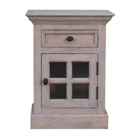 Solid Mango Wood Glazed Door Bedside Table, Aged Finish