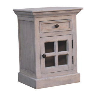 Solid Mango Wood Glazed Door Bedside Table, Aged Finish