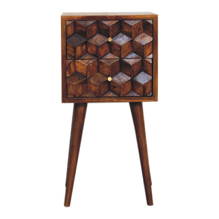 Narrow Cube Carved Bedside Table in Chestnut Finish