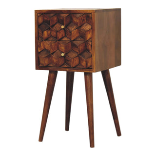Narrow Cube Carved Bedside Table in Chestnut Finish