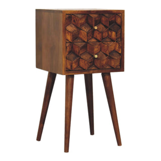 Narrow Cube Carved Bedside Table in Chestnut Finish
