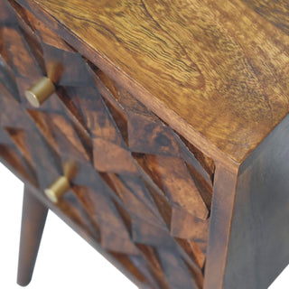 Narrow Cube Carved Bedside Table in Chestnut Finish