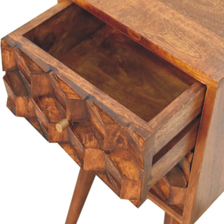 Narrow Cube Carved Bedside Table in Chestnut Finish