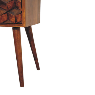 Narrow Cube Carved Bedside Table in Chestnut Finish
