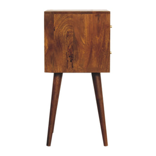 Narrow Cube Carved Bedside Table in Chestnut Finish