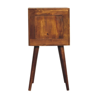 Narrow Cube Carved Bedside Table in Chestnut Finish