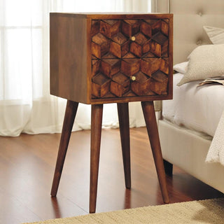 Narrow Cube Carved Bedside Table in Chestnut Finish