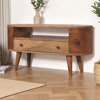 Narrow Rounded Media Unit in Oak Finish