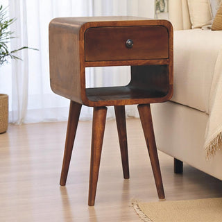 Narrow Curved Bedside Table in Chestnut - 1 Drawer 1 Shelf