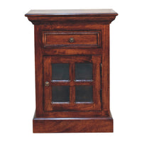 Solid Mango Wood Glazed Door Bedside Table, Cherry Finish