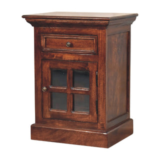 Solid Mango Wood Glazed Door Bedside Table, Cherry Finish