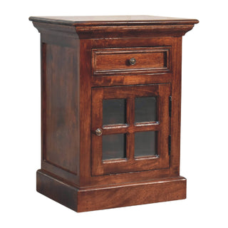 Solid Mango Wood Glazed Door Bedside Table, Cherry Finish