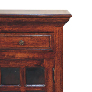 Solid Mango Wood Glazed Door Bedside Table, Cherry Finish