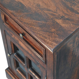 Solid Mango Wood Glazed Door Bedside Table, Cherry Finish