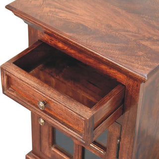 Solid Mango Wood Glazed Door Bedside Table, Cherry Finish