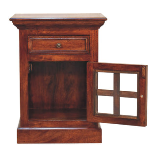 Solid Mango Wood Glazed Door Bedside Table, Cherry Finish