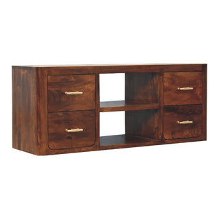 Media Unit with Gold Bar Knobs in Chestnut Finish