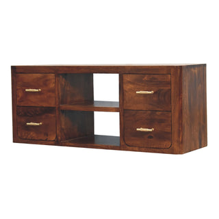 Media Unit with Gold Bar Knobs in Chestnut Finish