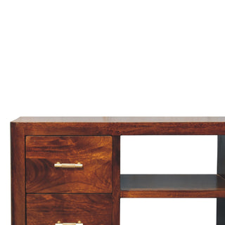 Media Unit with Gold Bar Knobs in Chestnut Finish