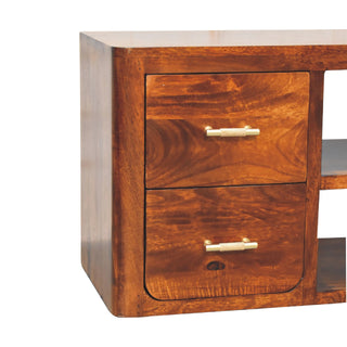 Media Unit with Gold Bar Knobs in Chestnut Finish
