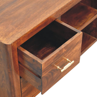 Media Unit with Gold Bar Knobs in Chestnut Finish