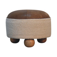 Cream Bouclé Round Buffalo Leather Stool