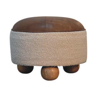 Cream Bouclé Round Buffalo Leather Stool