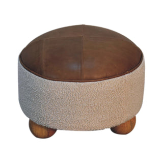Cream Bouclé Round Buffalo Leather Stool