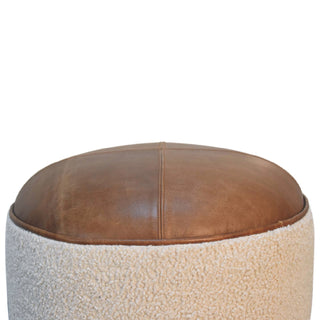Cream Bouclé Round Buffalo Leather Stool