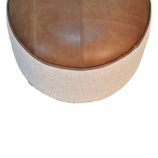 Cream Bouclé Round Buffalo Leather Stool