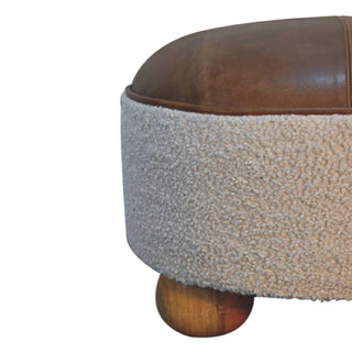 Cream Bouclé Round Buffalo Leather Stool