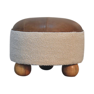 Cream Bouclé Round Buffalo Leather Stool