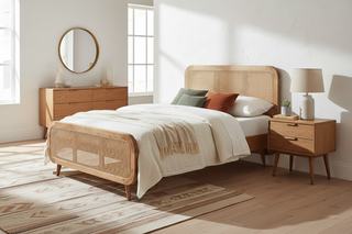Solid Mango Wood & Rattan Double Bed