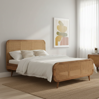 Solid Mango Wood & Rattan Double Bed