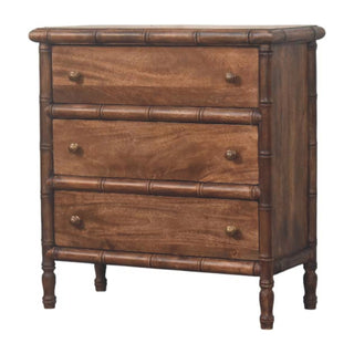 Bamboo Carved 3 Drawer Chest, Solid Mango Wood