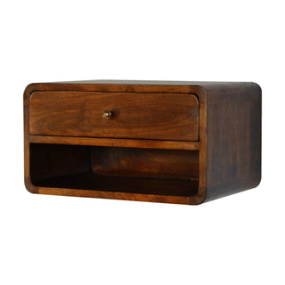 Wide Curved Floating Bedside Table - 1 Drawer 1 Shelf, Chestnut Finish