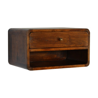 Wide Curved Floating Bedside Table - 1 Drawer 1 Shelf, Chestnut Finish