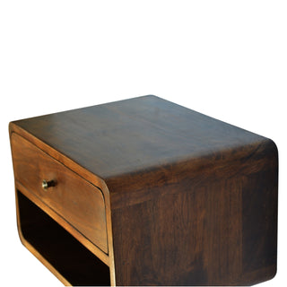 Wide Curved Floating Bedside Table - 1 Drawer 1 Shelf, Chestnut Finish