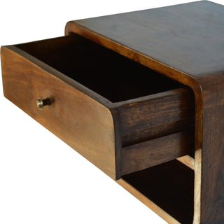 Wide Curved Floating Bedside Table - 1 Drawer 1 Shelf, Chestnut Finish